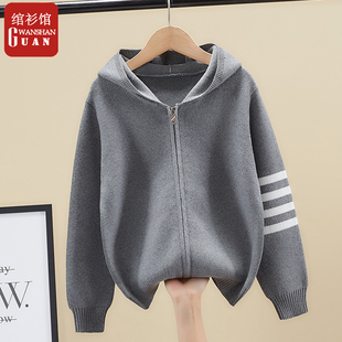 秋冬针织开衫男童2021秋冬童装拉链加绒针织衫连帽毛衣外套中大童