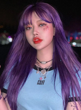 网红假发女长发日常冷紫色长直发lolita藏蓝色红空气刘海彩色发套