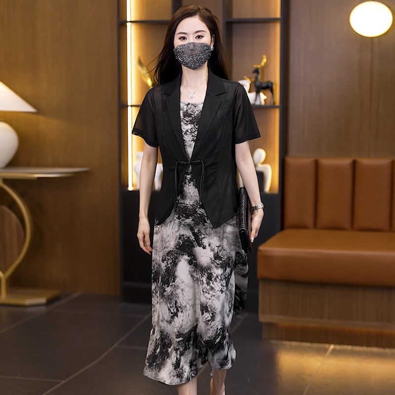 大码国风休闲套装女2024夏季新款胖mm短袖水墨画吊带连衣裙两件套