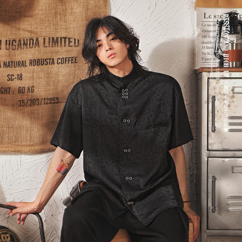 2024年夏季新款宽松国风新中式休闲国潮立领短袖衬衫男五分袖上衣