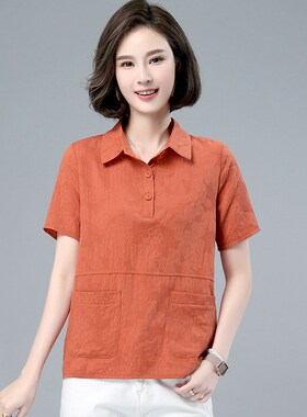 2025夏装新款纯棉短袖t恤女宽松中年妈妈大码PLOL衫气质带领上衣