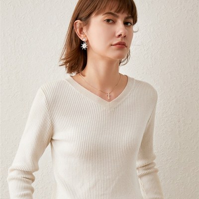 秋季新款V领修身羊毛衫低领针织衫短款套头打底衫长袖紧身毛衣薄