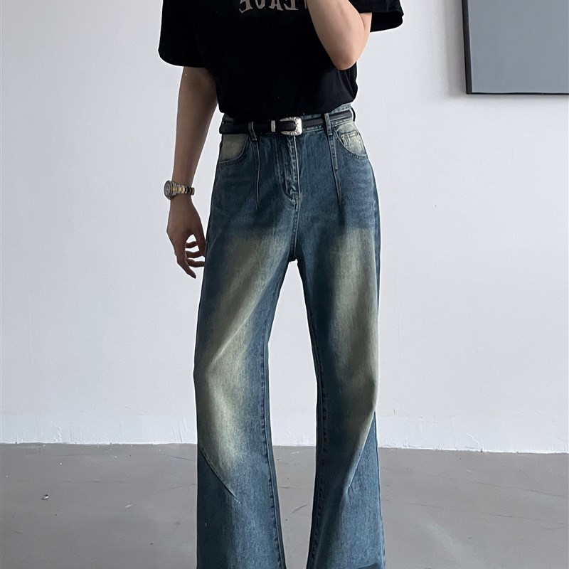 黑沧社/韩国褶皱堆积设计感黑色牛仔裤男高腰直筒高级感微喇叭裤