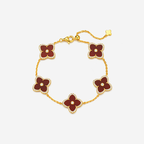 纯银红玛瑙四叶草手链女时尚日常