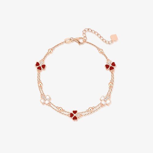 纯银双层红玛瑙白贝四叶草手链女