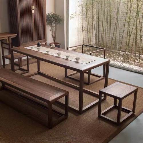 现代中式茶桌全实木茶台茶桌椅老榆木卯榫桌