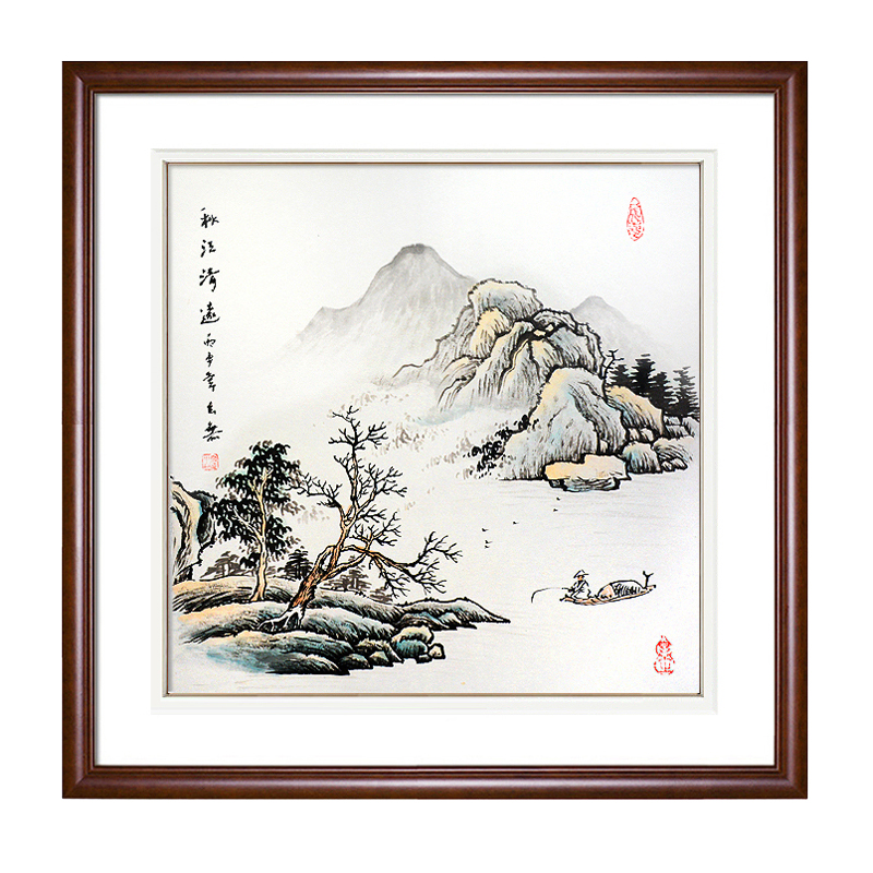 手绘斗方山水画水墨国画办公室挂画客厅沙发正方形壁画玄关装饰画图片