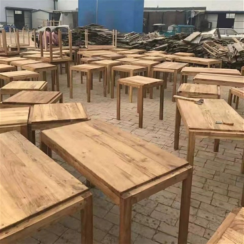 漫咖啡桌椅老榆木复古做旧实木休闲方桌椅带扶手创意餐桌椅子