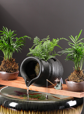 古法养鱼过陶循环流水生财鱼缸小庭院花园假山造景装饰