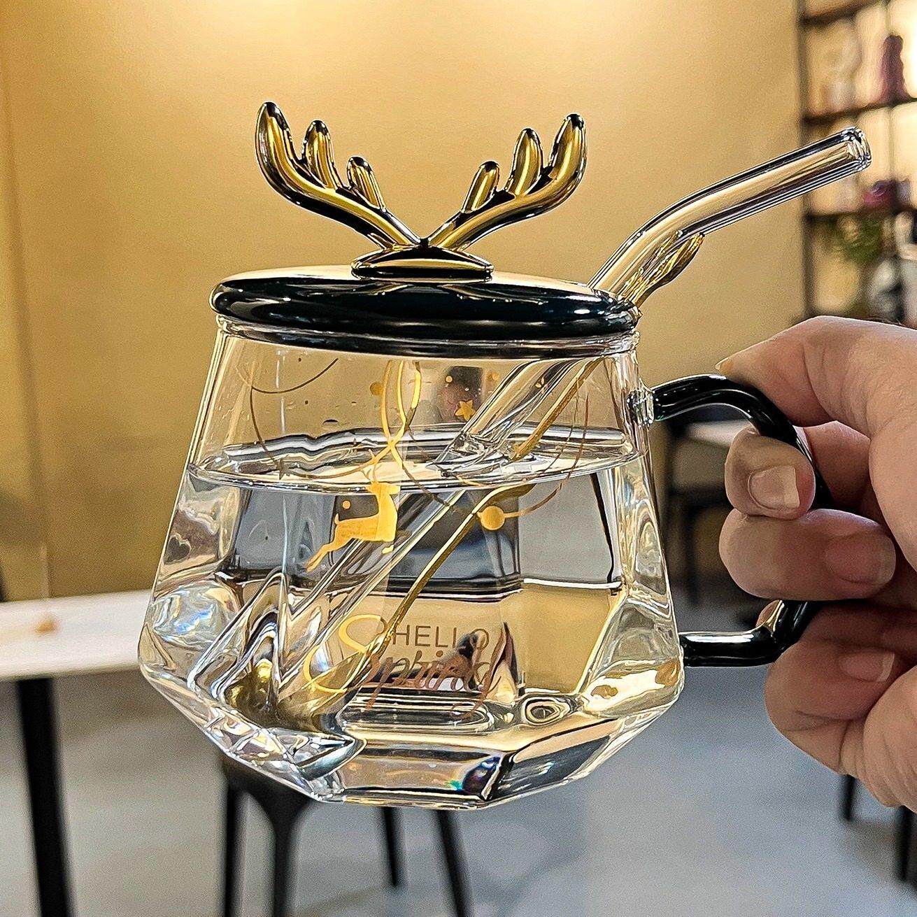 高颜值玻璃杯带盖子女士家用耐高温精致喝水杯子大容量吸管杯带把