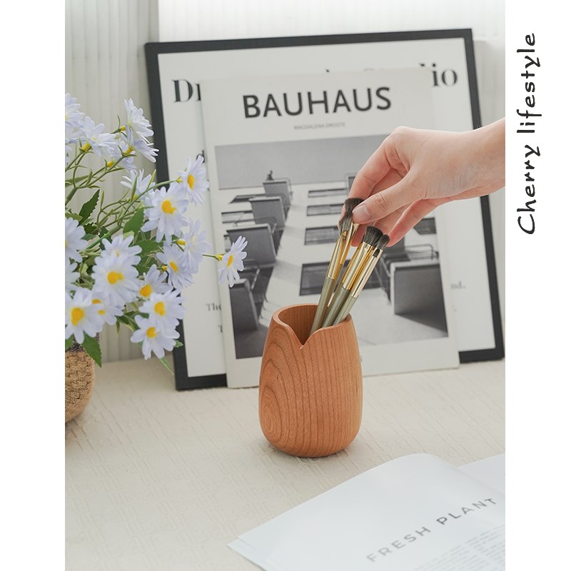 北美樱桃木化妆眼影刷眉笔口红梳子收纳筒木制笔筒整木挖空整理盒