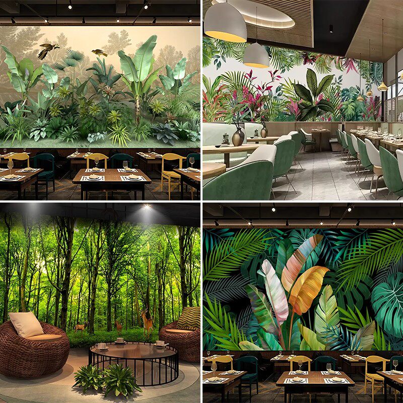 东南亚热带雨林背景墙壁纸植物树叶芭蕉叶3d墙纸酒店客厅森林壁画