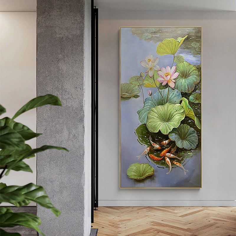 手绘荷花九鱼图油画现代中式走廊玄关装饰画过道挂画竖版客厅壁画图片