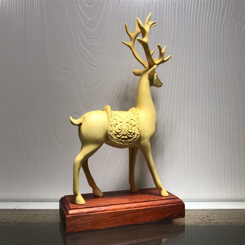 黄杨木雕梅花鹿一路平安摆件配红木底座家居电视柜博古架装饰礼品