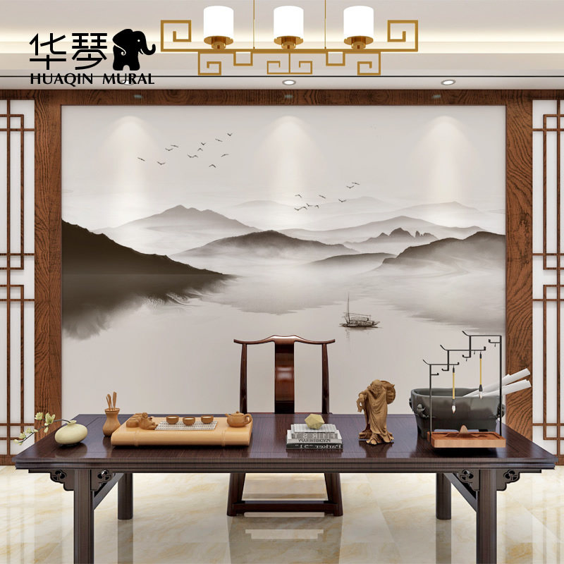 新意境水墨山水电视背景墙壁纸客厅书房茶室墙纸壁画无缝墙布,家装主材,定制壁画,淘宝优惠券,粉丝福利购,淘宝优惠卷