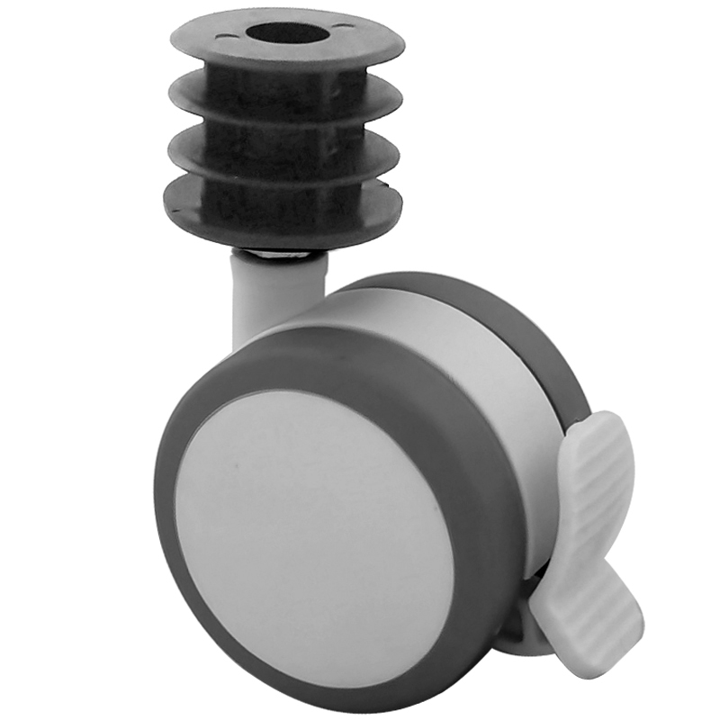 MM圆管轮调桌腿用脚轮包胶静音2MM钢管脚轮白色有刹车万向轮