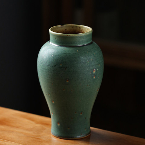 陶美集手工复古绿粗陶宽口梅瓶干水培插器客厅桌面陶瓷小瓶