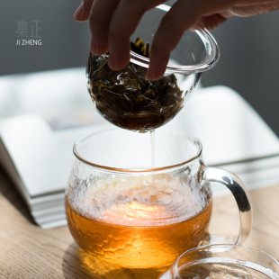 耐热锤纹玻璃个人杯 集正 办公家用带盖内胆过滤花茶泡茶杯水杯子