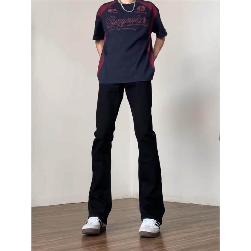 cleanfit弯刀牛仔裤黑色高腰微喇叭裤男生美式vibe风高街修身直筒