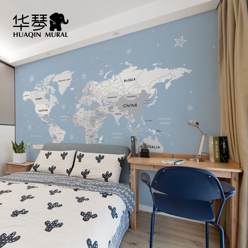 世界地图壁纸儿童房全屋定制壁布卡通宇航员男孩卧室背景墙纸墙布