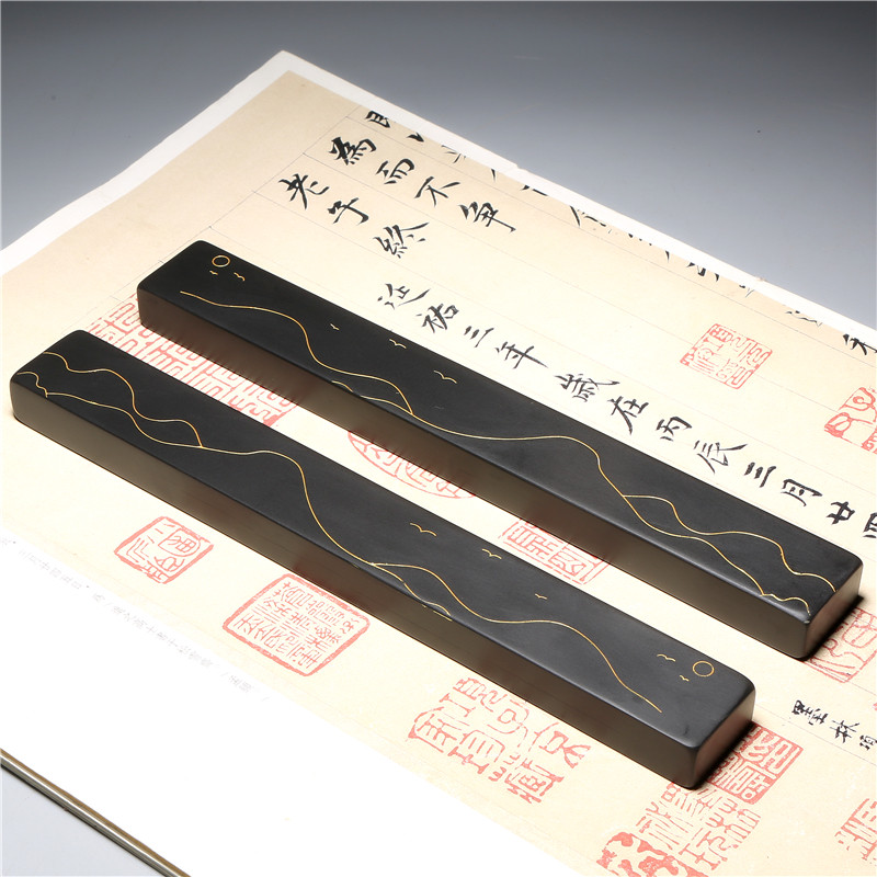 文创石头镇尺千里江山压书老坑歙砚镇纸压条书法用品礼盒图片