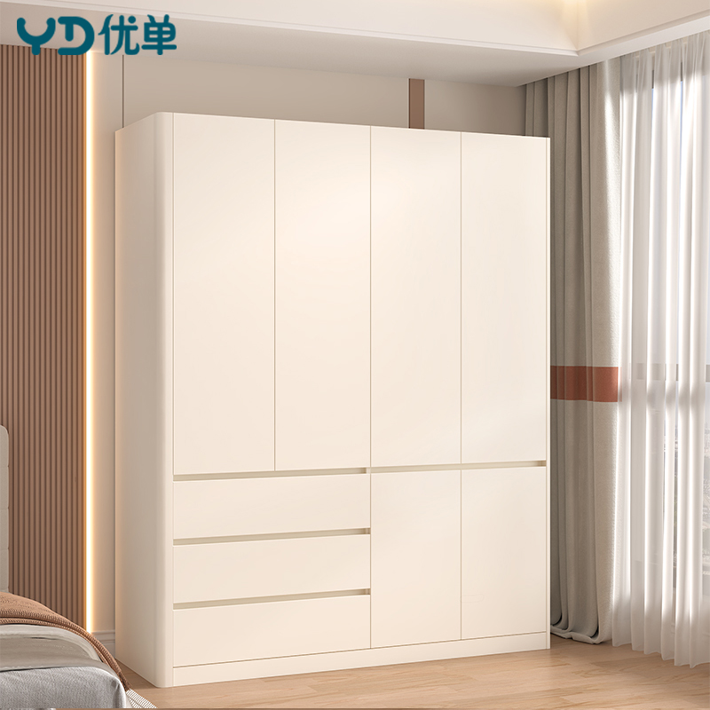 奶油风衣柜连书桌一体落地衣柜卧室家用多功能L型书桌书架定制