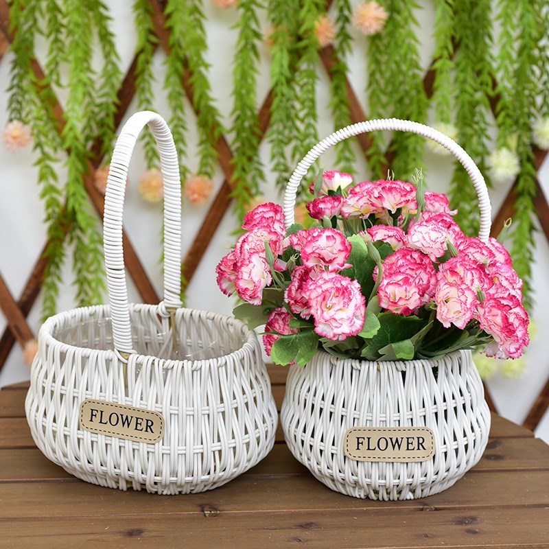 白色手提花篮手工编织仿真藤提篮装饰摆件干花鲜花插花藤编礼品篮