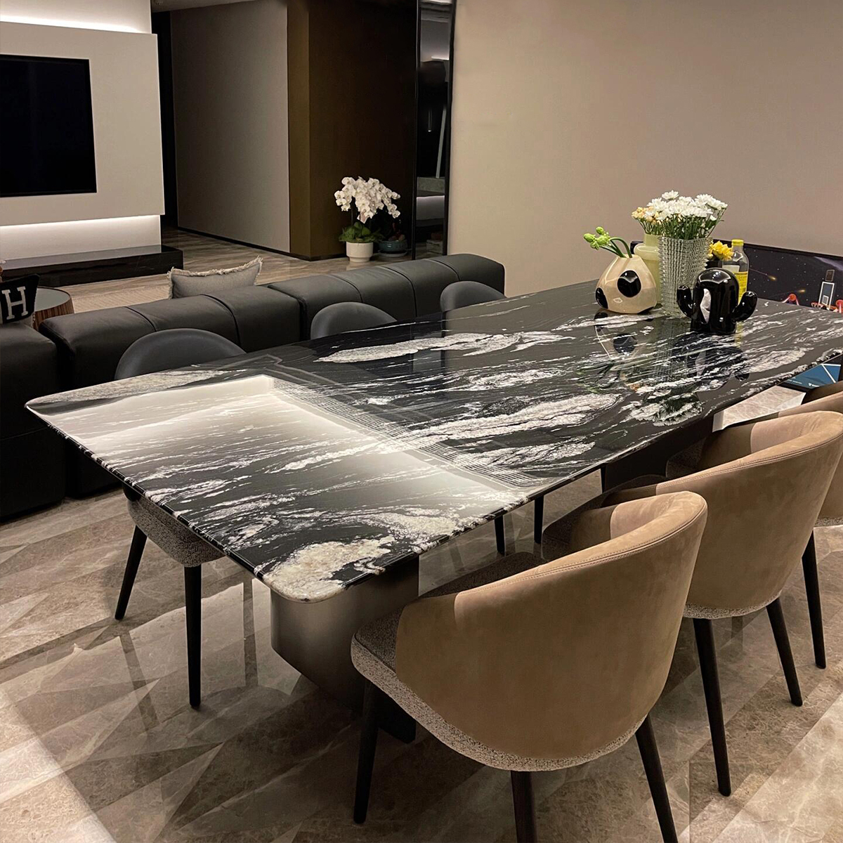 天然宇宙黑奢石餐桌高端别墅餐厅
