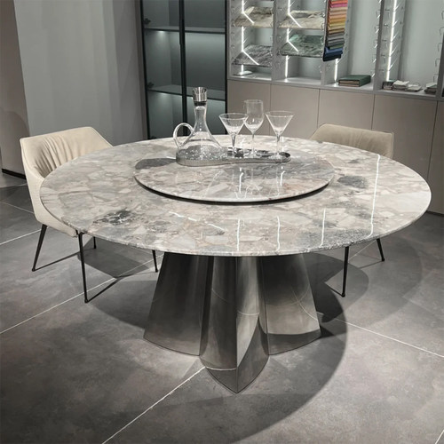 笑尚奥利奥灰奢石圆形餐桌大理石