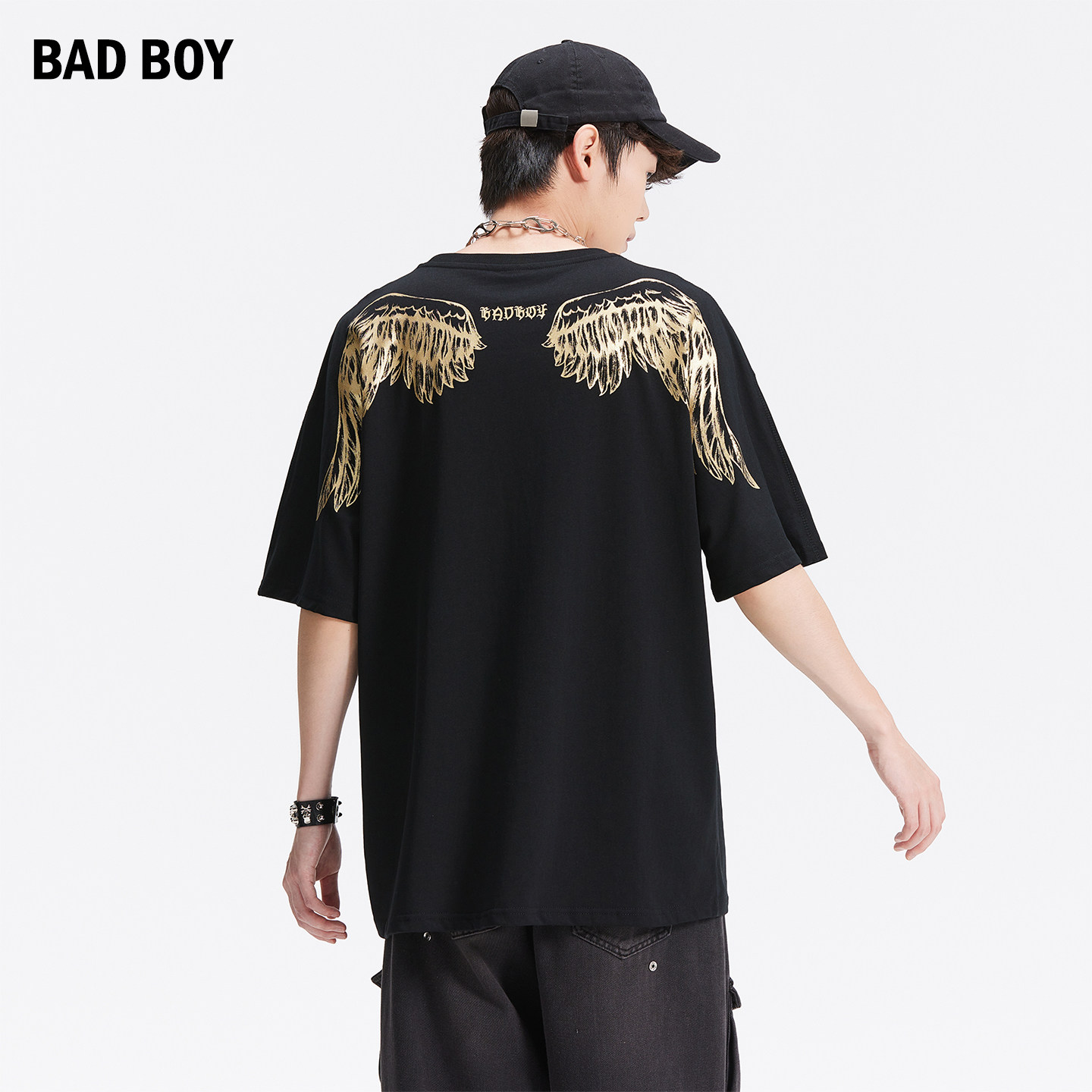 BAD BOY男装夏季短袖情侣款烫金黑色休闲潮牌T恤印花老翅膀短袖