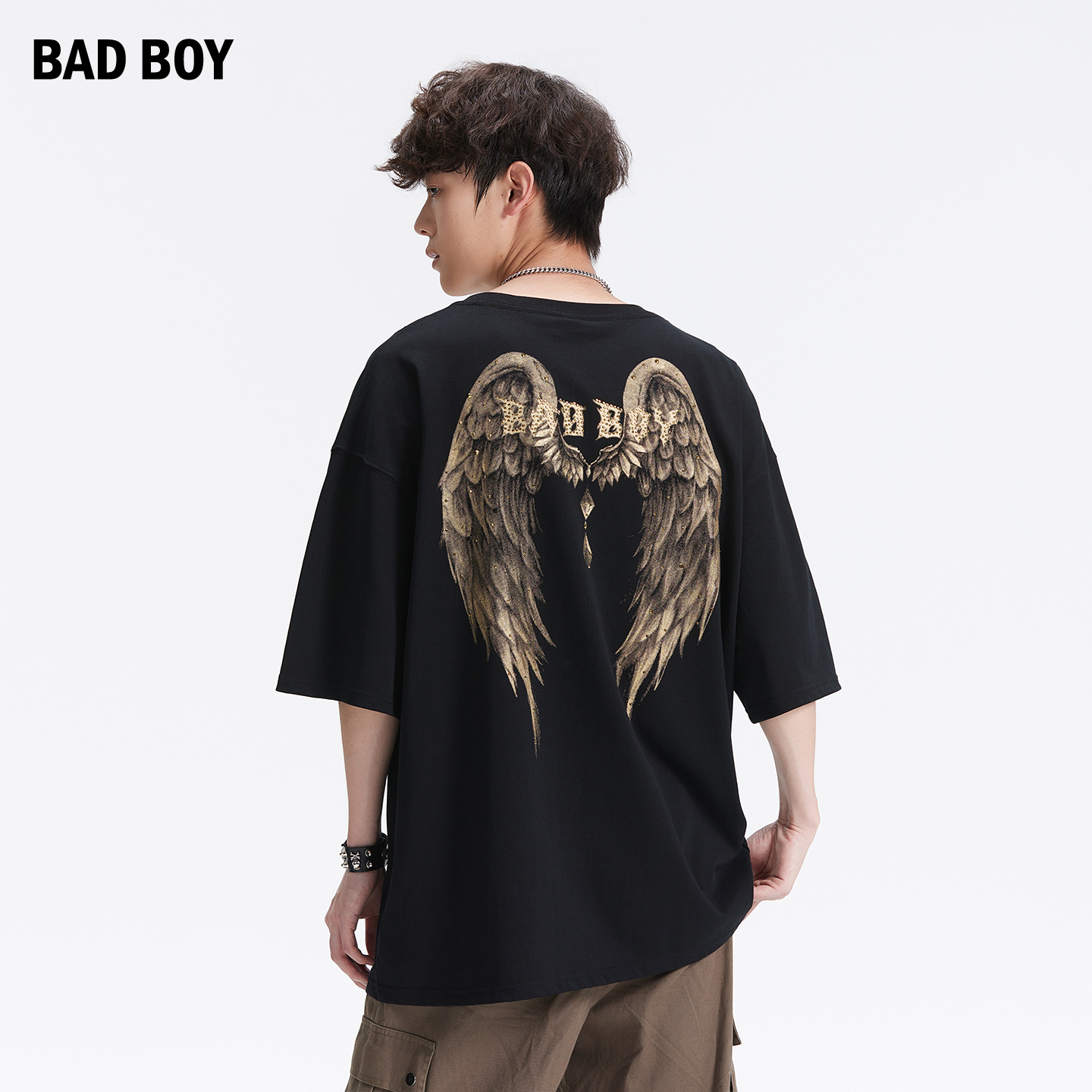 BAD BOY男装夏季潮牌情侣款短袖烫金老鹰翅膀印花休闲宽松圆领T恤