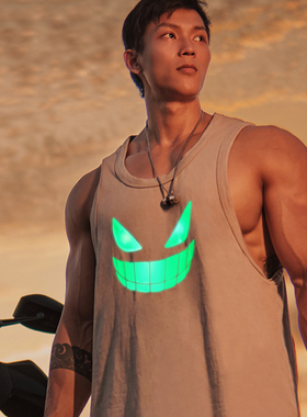 IG惯性基因夜光鬼脸破洞纯棉无袖运动背心健身坎肩训练宽松透气