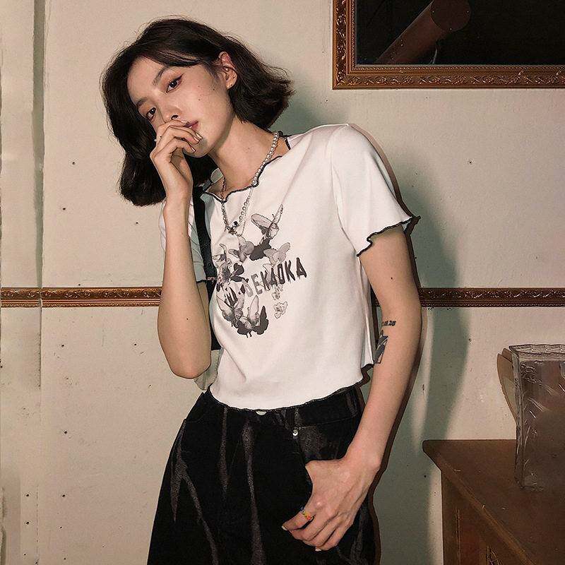 白色短款t款女夏季新韩版恤宽松蝴蝶印花木耳边短袖学生上衣