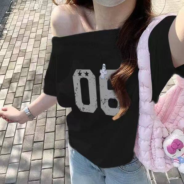 复古印花斜肩短袖T恤isn女夏T恤
