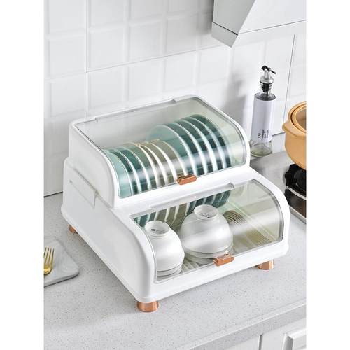 厨房双层碗架碗筷收纳盒塑料带盖装碟盘沥水碗架家用