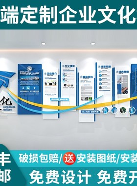 蓝色企业文化墙设计公司简介发展历程办公室会议室装饰立体亚克力