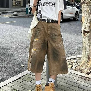 水洗做旧小众设计感直筒宽松牛仔短裤 新款 男2024夏季 卡其色七分裤