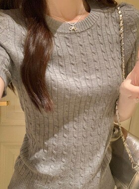 灰色圆领短袖f针织衫女夏季2024新款设计感麻花修身显瘦上衣t恤潮