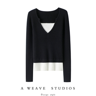 女假两件纯羊绒毛衣针织打底衫 气质温婉女主 V领100%纯山羊绒衫