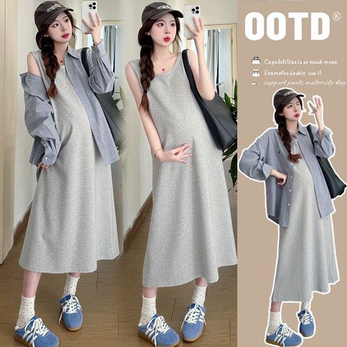 孕妇春装连衣裙中长款2025新款时髦宽松背心裙上衣怀孕期春秋裙子