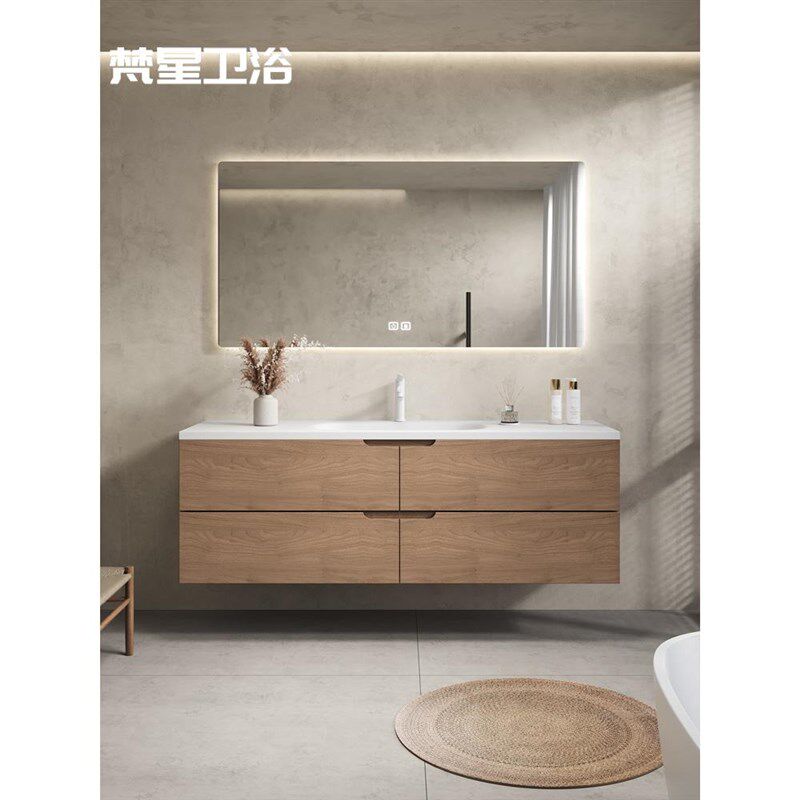原木色可丽耐一体盆浴室柜组合定制卫生间洗漱台盆高端实木卫浴柜