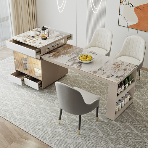 奶油风伸缩岩板岛台餐桌一体饭桌家用小户型开放式厨房餐桌椅组合