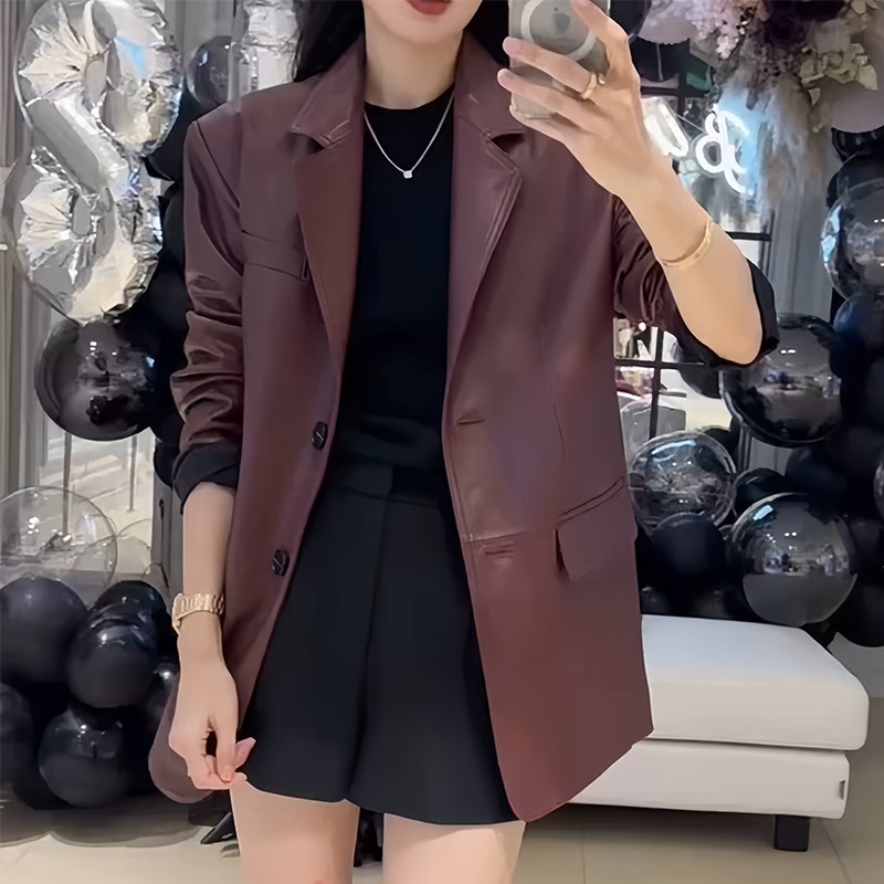 真皮西装皮衣外套女2024春秋新款半植H鞣绵羊皮高级复古中长款西