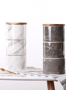 北欧三层陶瓷大理石纹密封罐杂粮咖啡收纳储物罐带盖软装饰品摆件