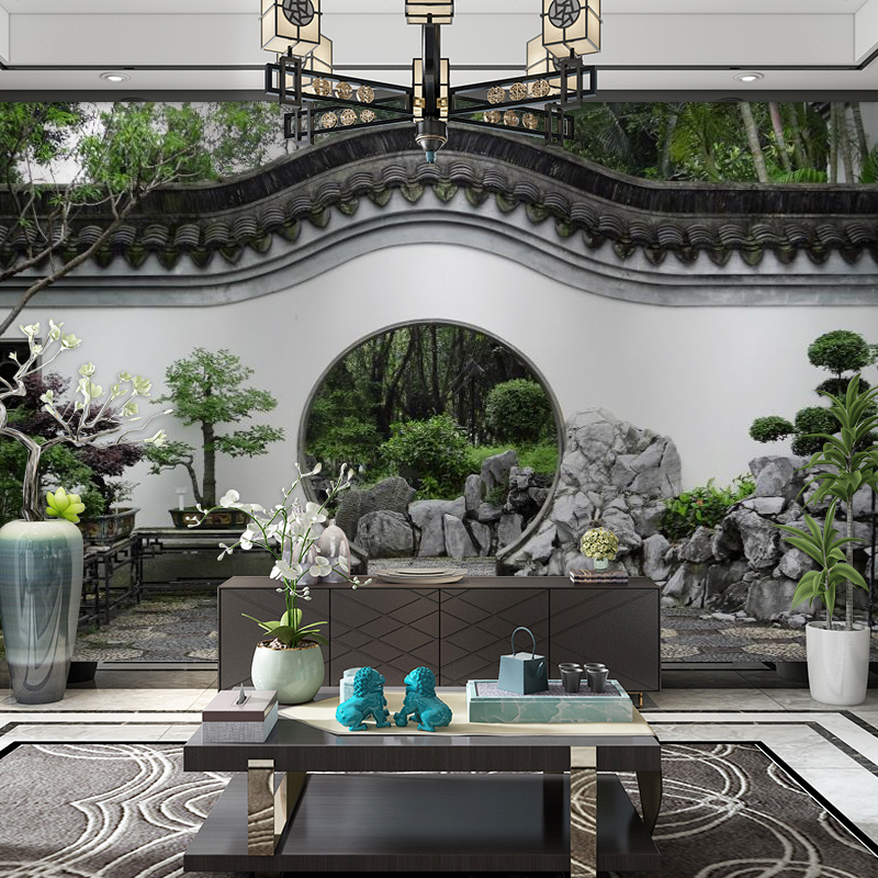 3D立体中式庭院墙纸仿古建筑屋z檐装饰壁画饭店餐厅背景墙客厅壁图片