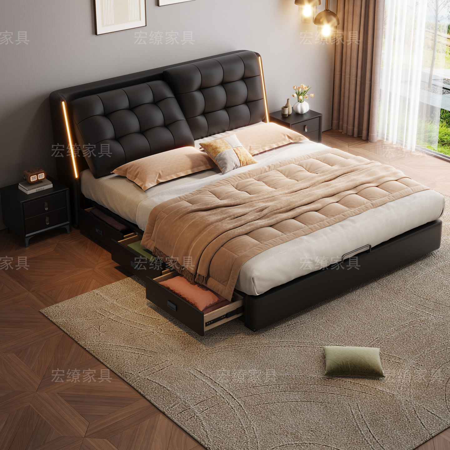 黑色真皮床主卧室大床1米8双人床意式高端大气多功能储物软包婚床