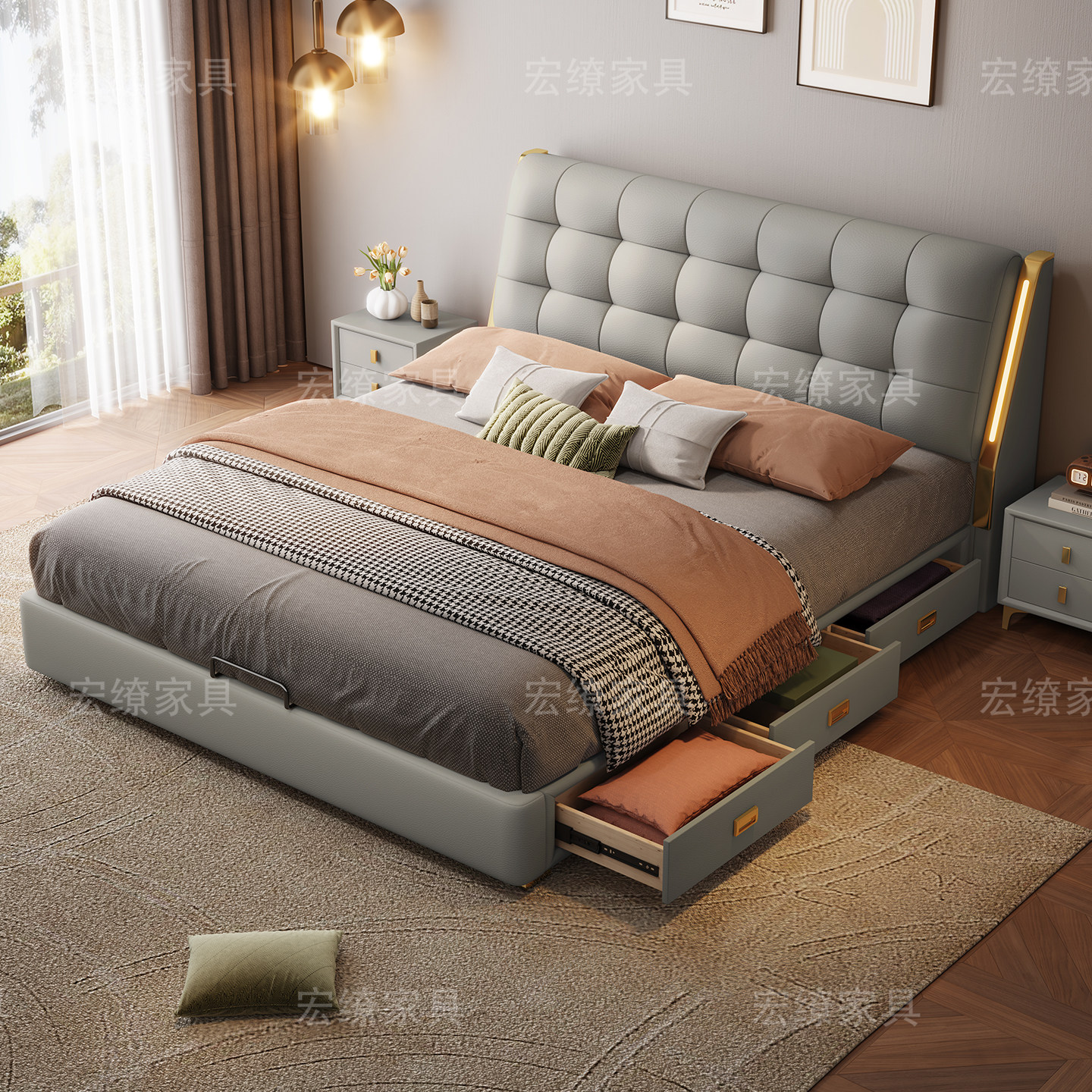 意式轻奢真皮床主卧1米8双人床2米x2米2大床现代简约储物软包婚床