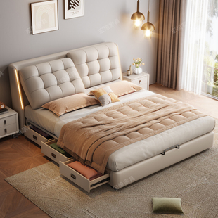 真皮床现代简约1米8双人床高端大气主卧2米x2米2储物多功能软包床