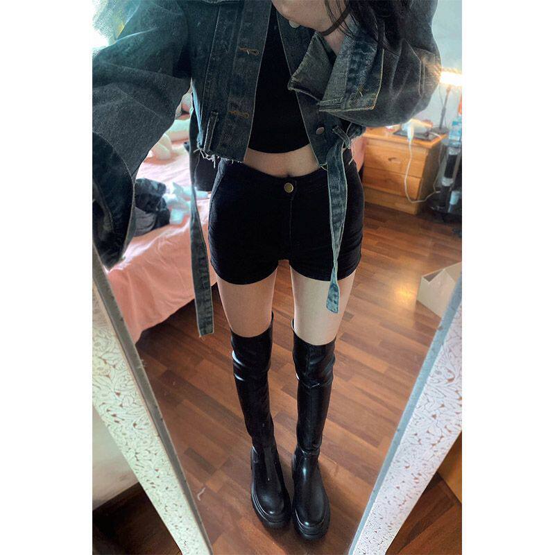 小个子黑色紧身牛仔短裤女2024加绒春秋高腰显瘦辣妹热裤美式裤子