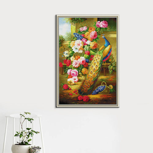 欢乐99新款刺绣十字绣孔雀图富贵